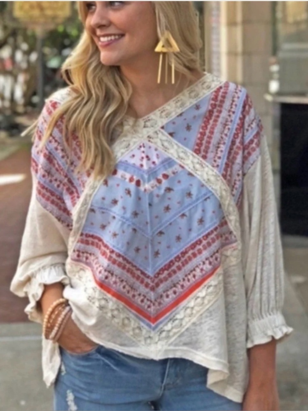 Free People Boho Floral Lace Bell Sleeve Top Size L